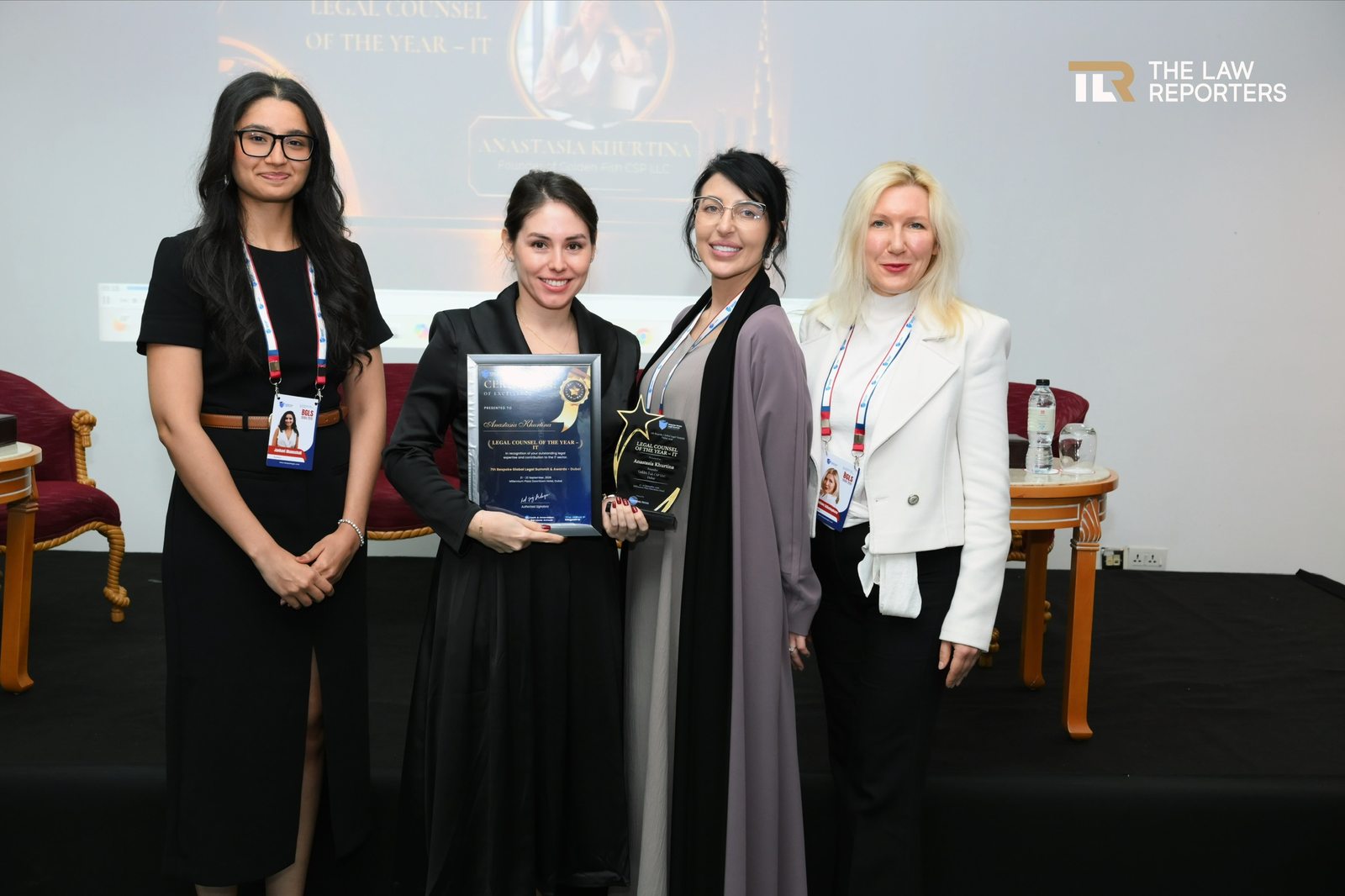 Receiving the Legal Counsel of the Year – IT award on stage at the Bespoke Global Legal Summit, Dubai