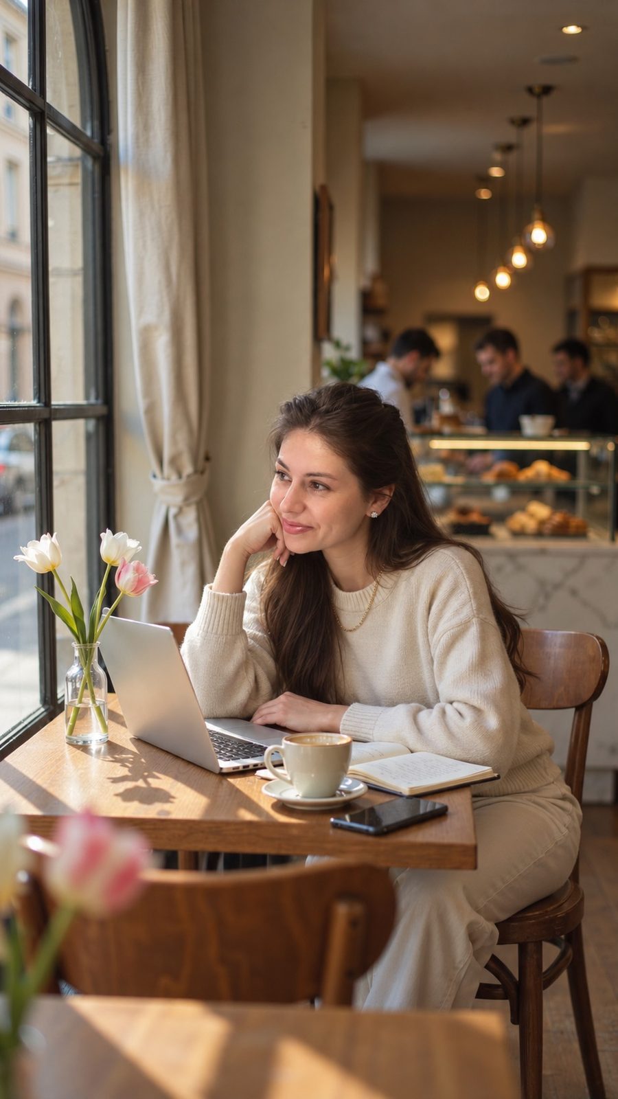 Working from a Dubai café, laptop and coffee on the table