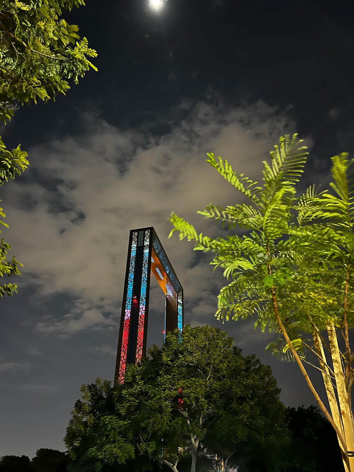 The Dubai Frame lit up at night